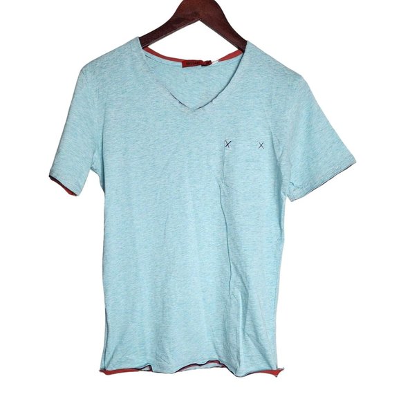 Vassari Los Angeles V-Neck Loose Cut Trim Aqua Designer Shirt - Rare Thread - Picture 1 of 15